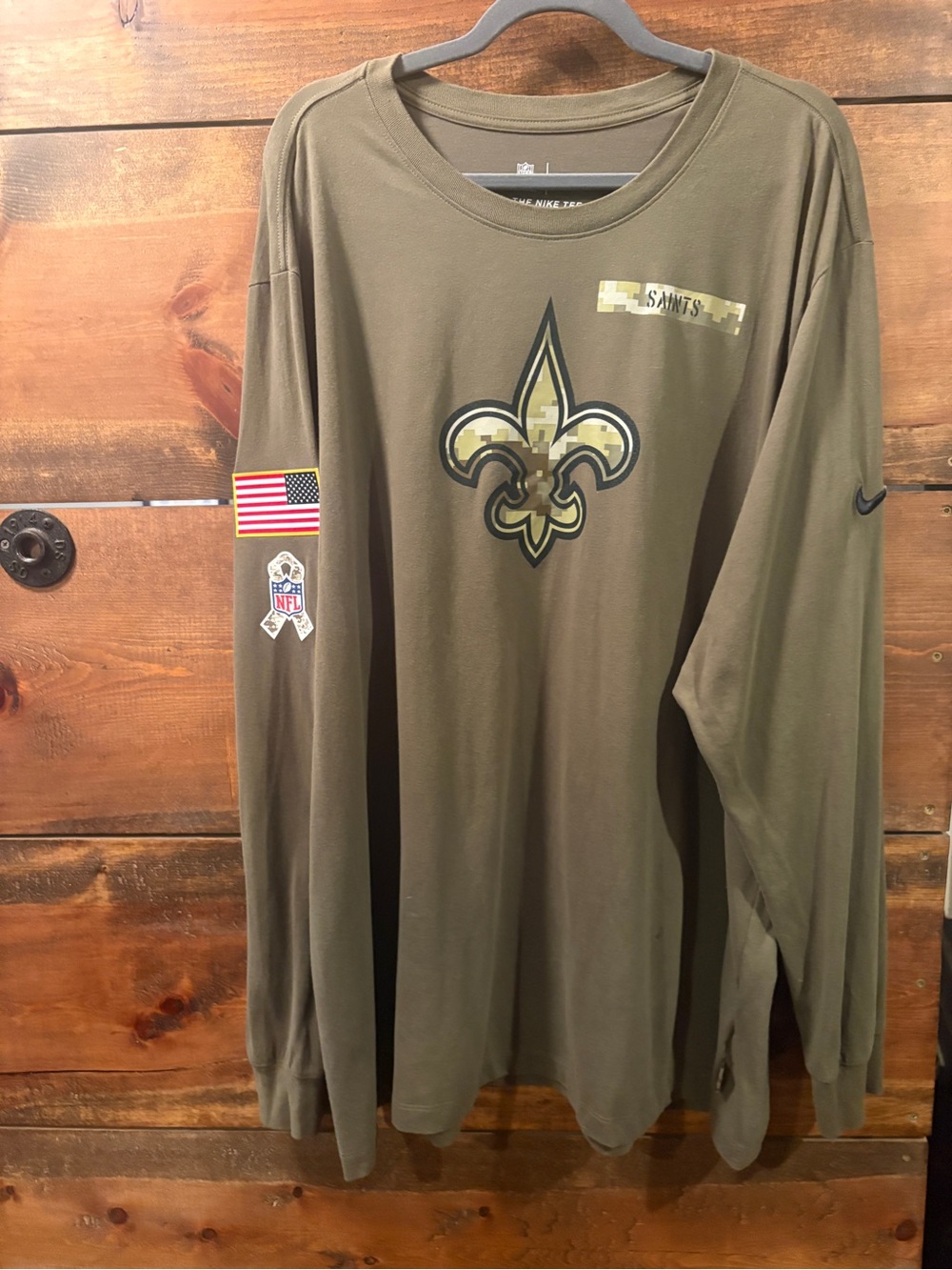 Nike Olive Green New Orleans Saints Long Sleeve Tee with Camo Fleur-de-lis
